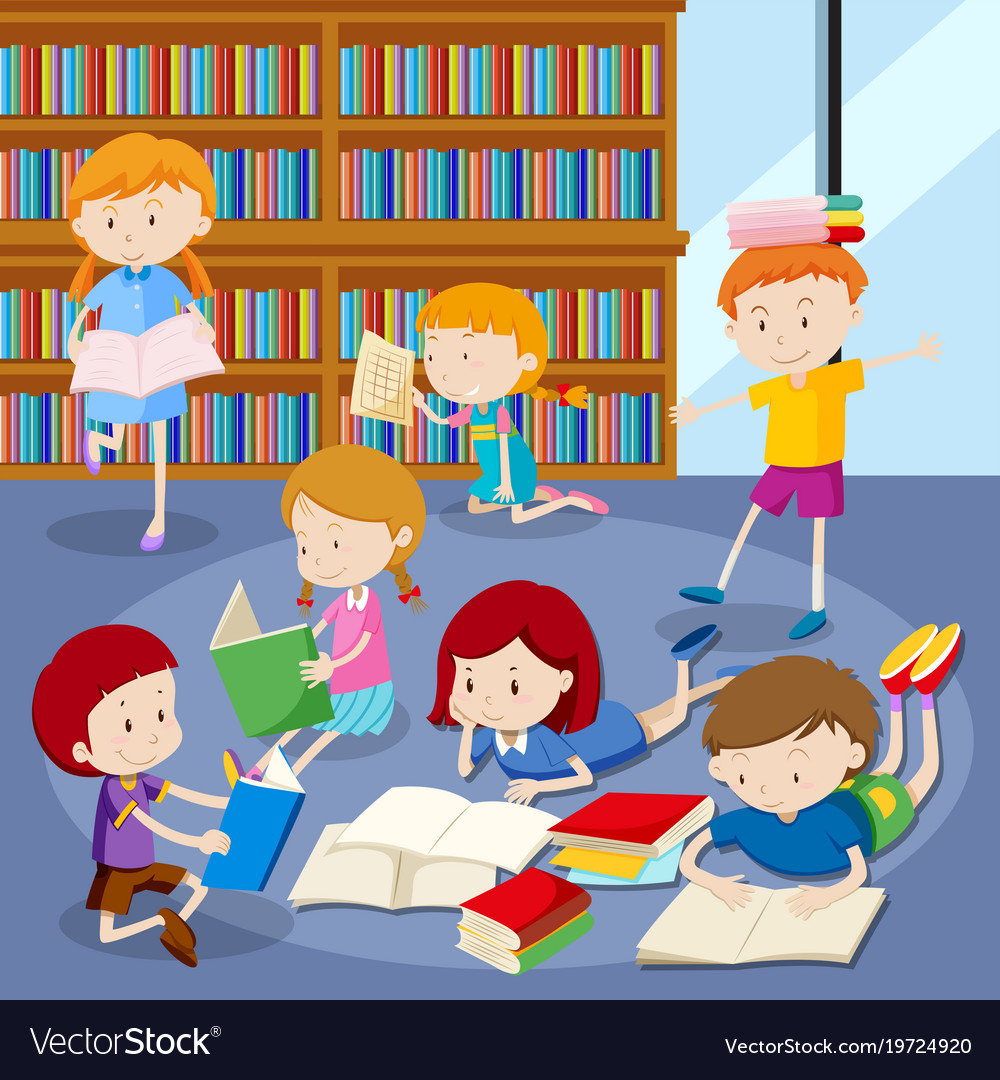 Many students reading books in library