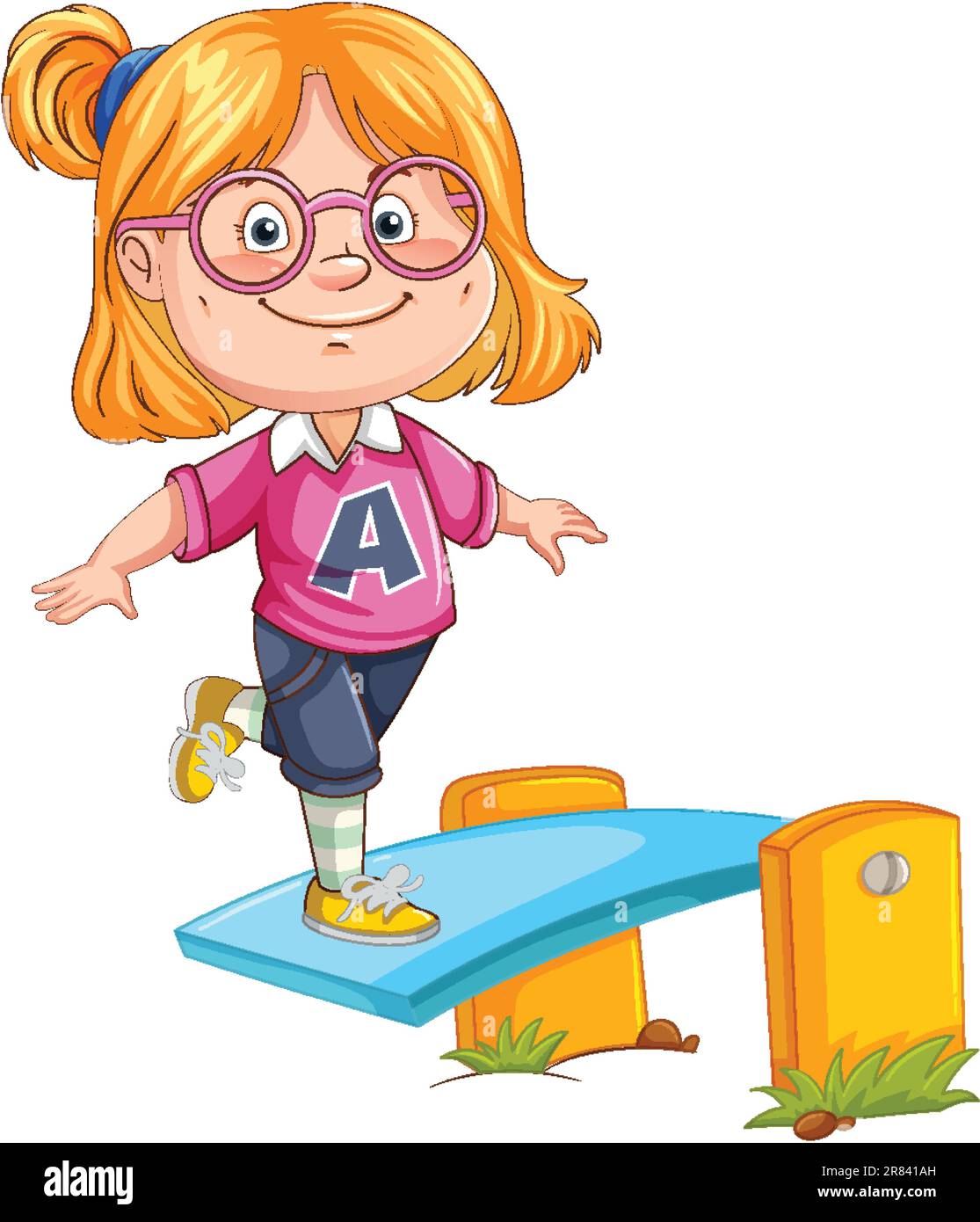 a-blonde-girl-playing-on-springboard-illustration-2R841AH