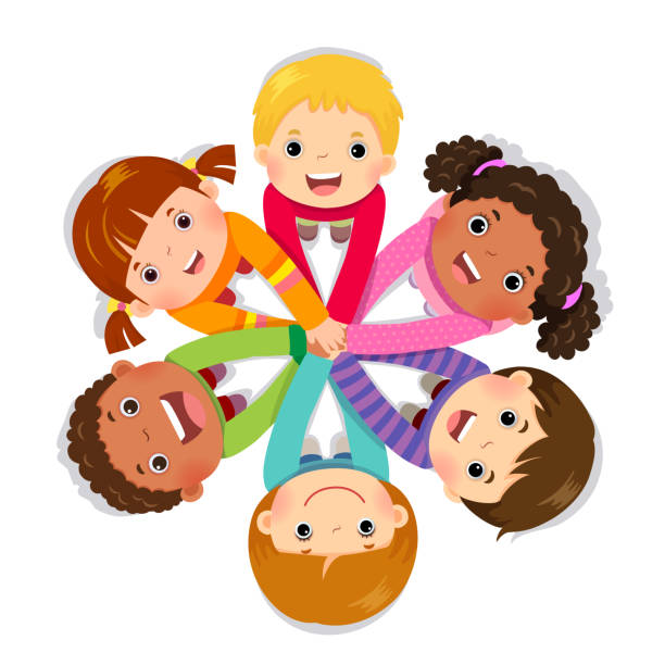 Group of children putting hands together on white background